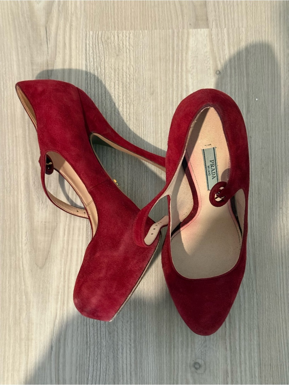 Prada Red Suede Mary Jane Pointed-Toe Pumps - Picture 3 of 4